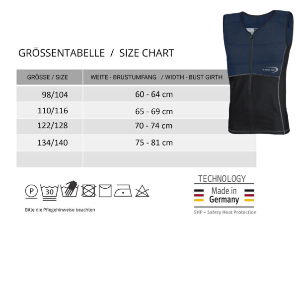 Tabella con taglie e foto del gilet refrigerante E.COOLINE, bicolore blu/nero