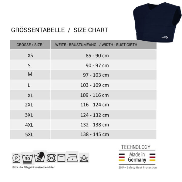 Tabella con taglie e foto del gilet refrigerante E.COOLINE