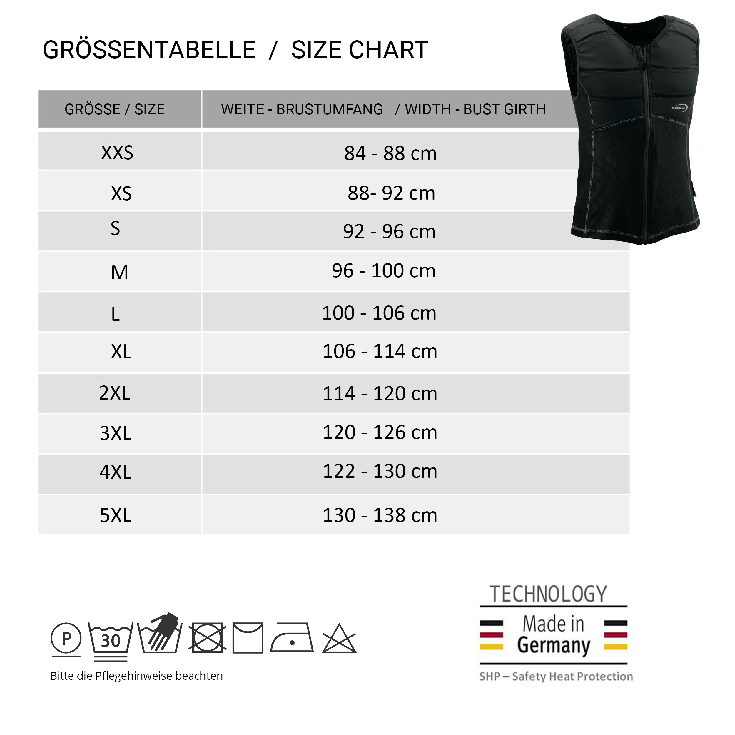 E.COOLINE Powercool SX3 - maglia smanicata refrigerante - il condizionatore da indossare Tabella con taglie della maglia smanicata refrigerante E.COOLINE
