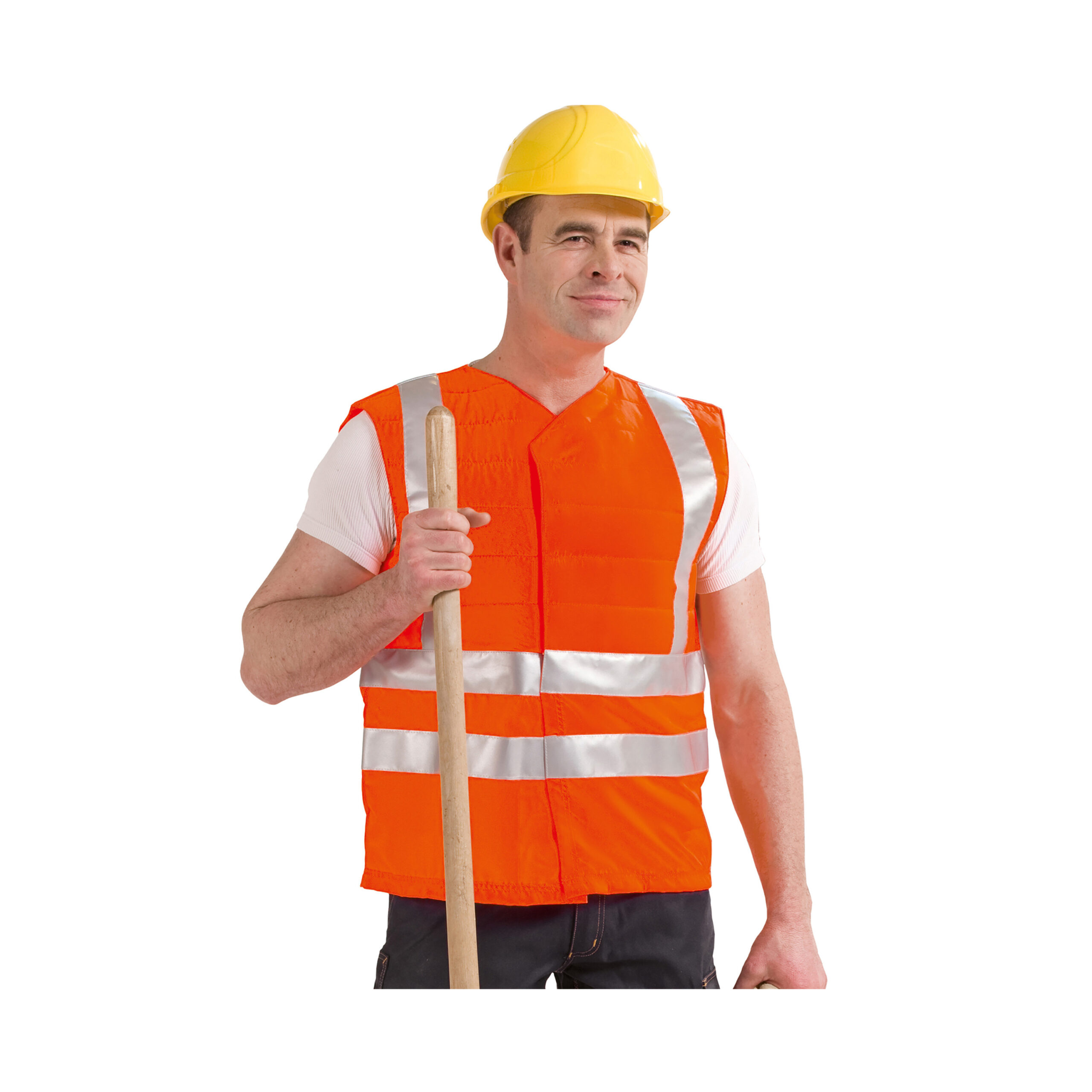 Operaio edile che indossa il gilet refrigerante SX3 con inserti riflettenti di E.COOLINE nel colore arancione segnaletico.