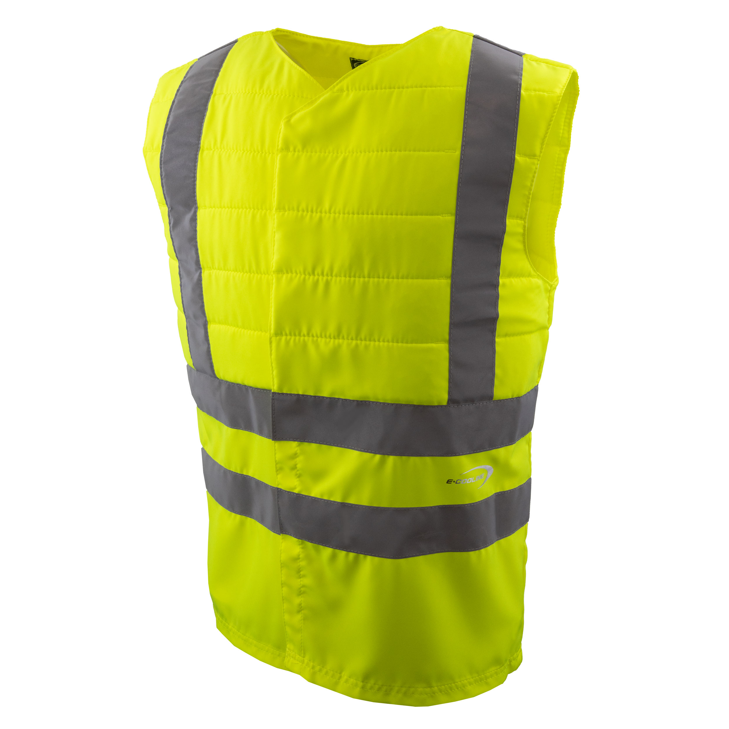 Gilet refrigerante SX3 con inserti riflettenti di E.COOLINE, con chiusura in velcro frontale, nel colore segnaletico giallo.